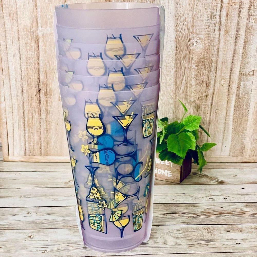 NWT Farmer’s Market Set of 6 32Oz  Clear Frosted Plastic Yellow Blue Drinks Cups